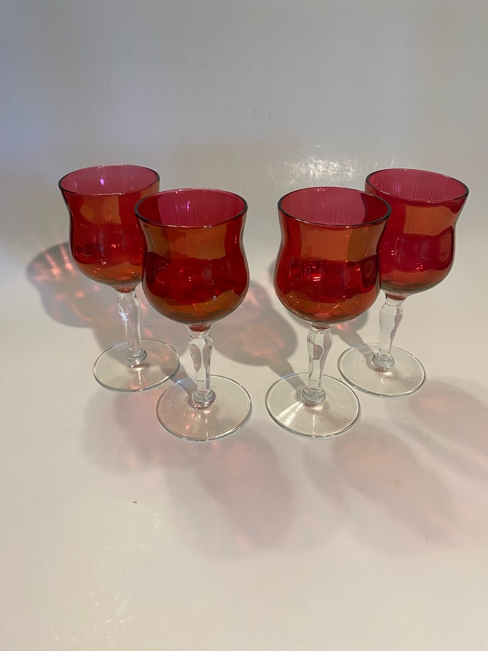 VTG Cranberry Glass Cordial Glasses Set of 4 Clear Knopped 
 Stem MCM Barware 5”